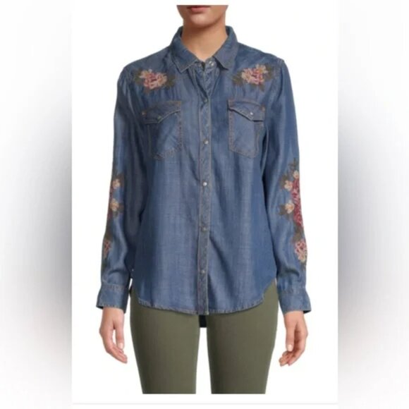 Driftwood Lana Floral Embroidered Tencel Chambray Western Snap Front Top M - Picture 1 of 16